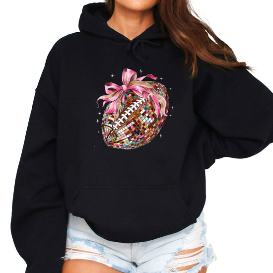 Disco Ball Football Coquette Bow Hoodie for Women, Black Hoodie, view 1