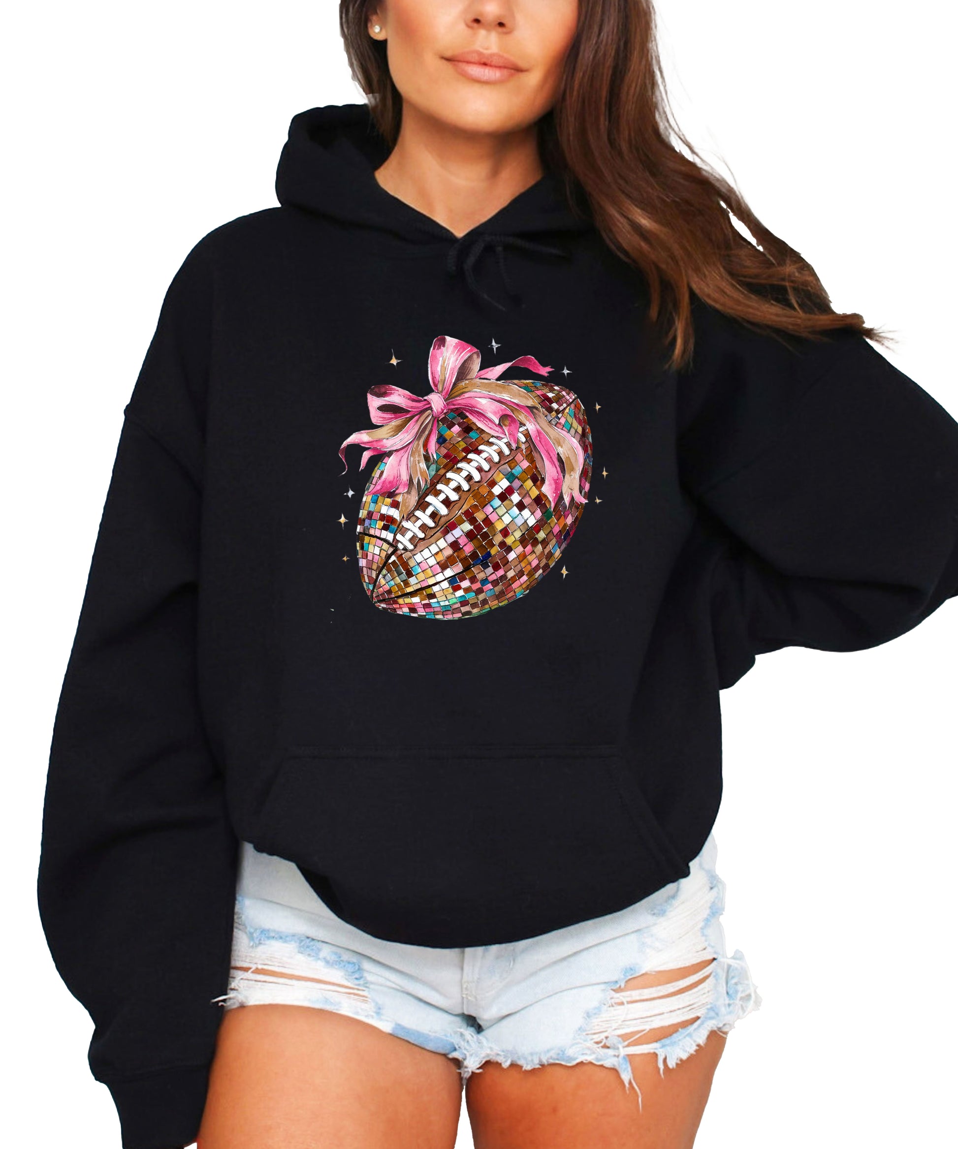 Disco Ball Football Coquette Bow Hoodie for Women, Black Hoodie, view 1