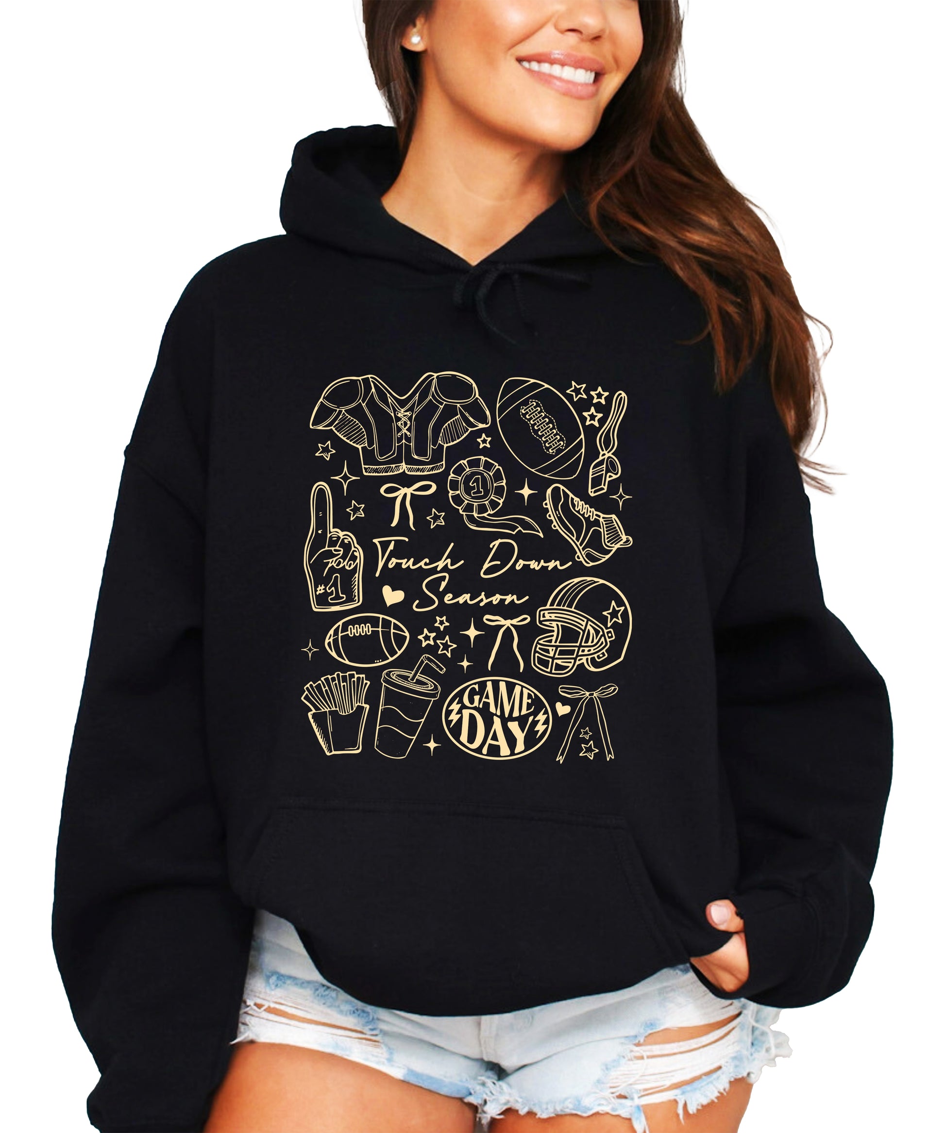 Black Touch Down Season football hoodie for women front view