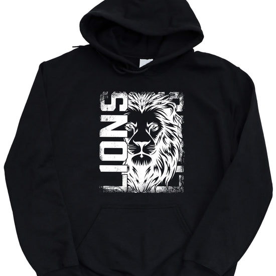Lions School Spirit hoodie in Black - distressed lion mascot game day pullover sweatshirt, view 1