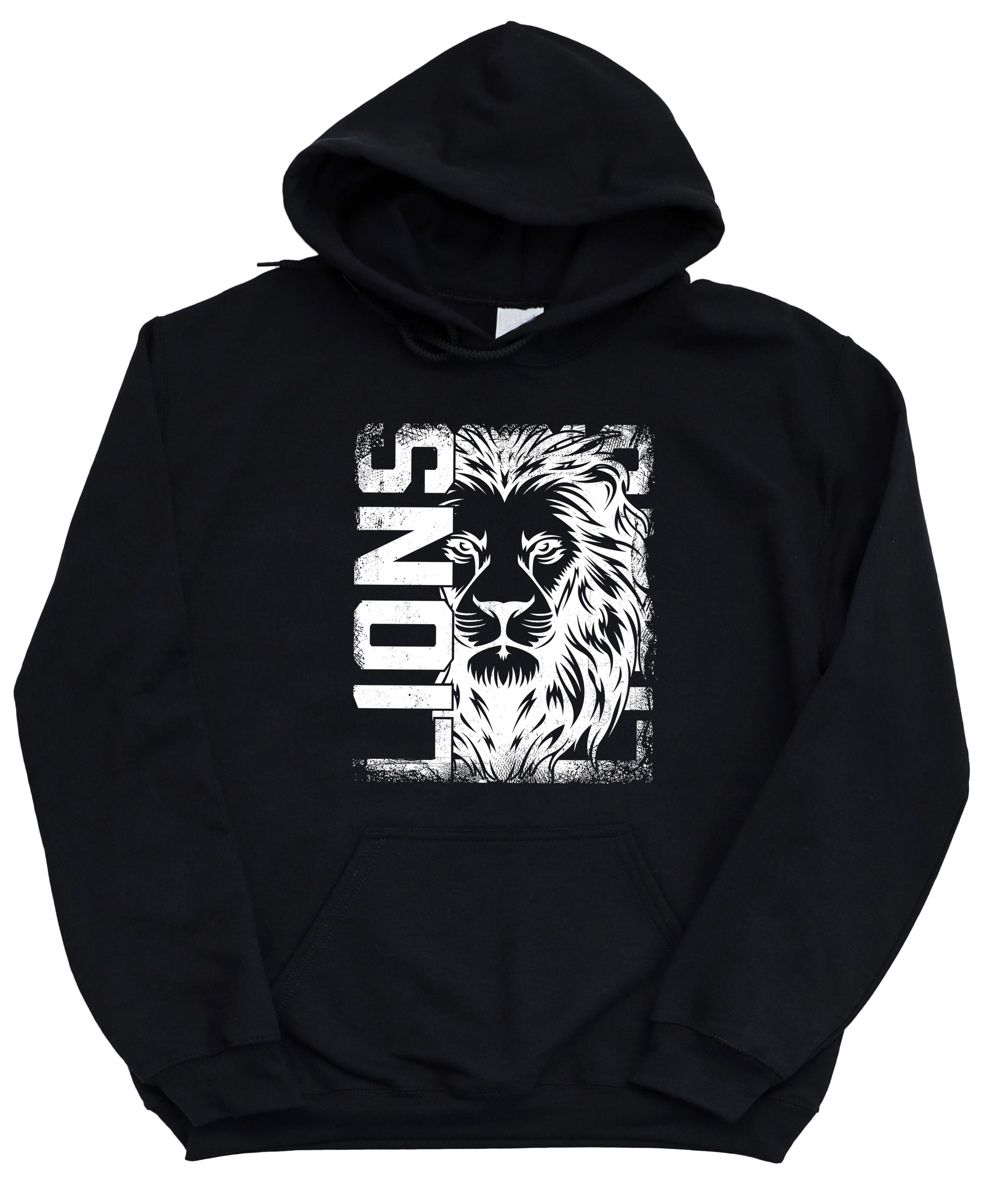 Lions School Spirit hoodie in Black - distressed lion mascot game day pullover sweatshirt, view 1