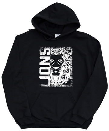Lions School Spirit hoodie in Black - distressed lion mascot game day pullover sweatshirt, view 1