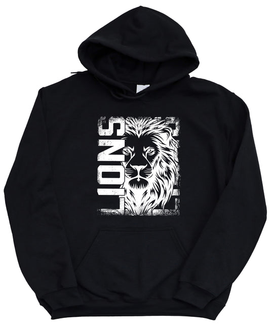 Lions School Spirit hoodie in Black - distressed lion mascot game day pullover sweatshirt, view 1