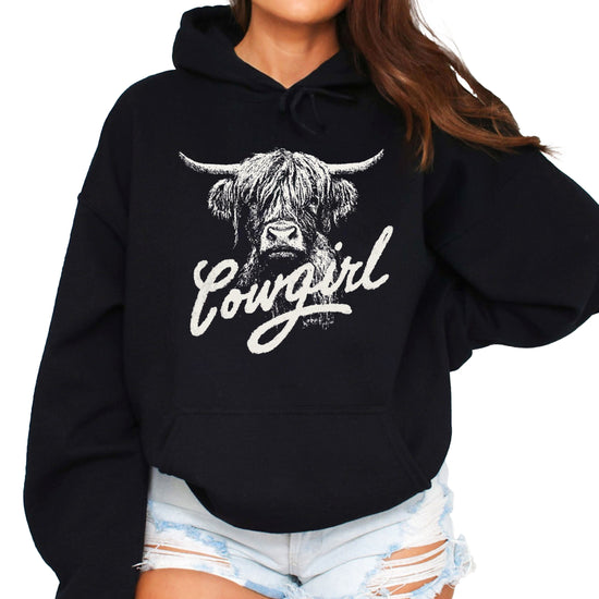 Cowgirl Highland Cow Hoodie - Black Hoodie - Olive Loves Apple