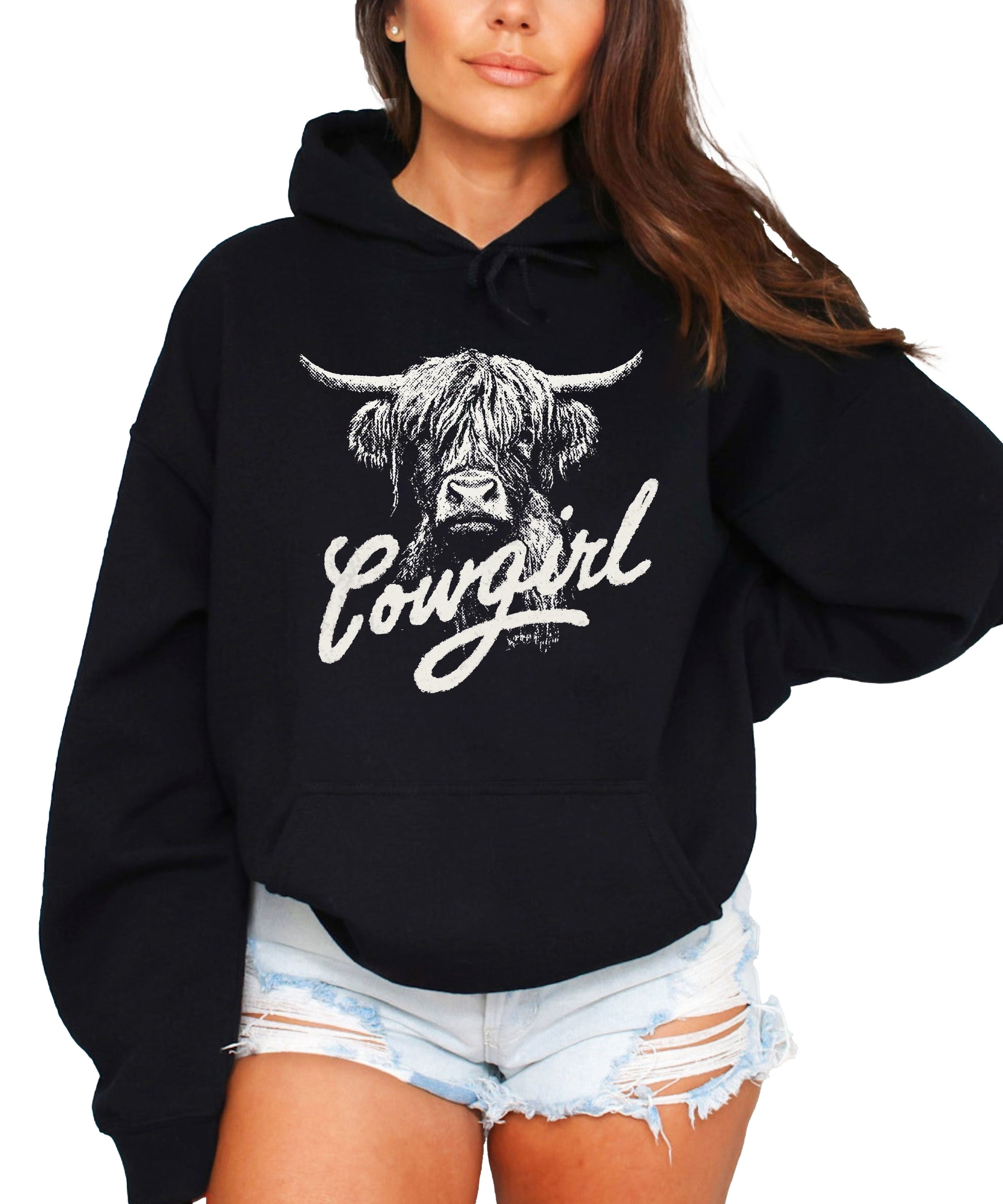 Cowgirl Highland Cow Hoodie - Black Hoodie - Olive Loves Apple