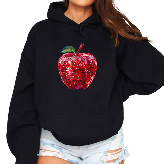 Black glitter red disco apple hoodie for women front view