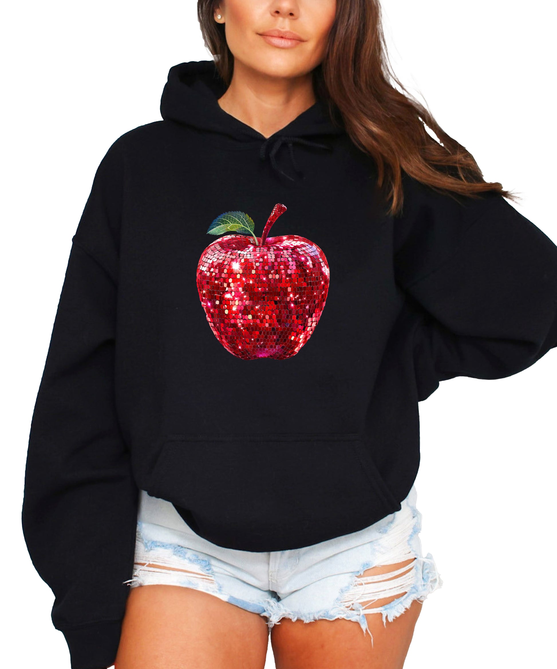 Black glitter red disco apple hoodie for women front view