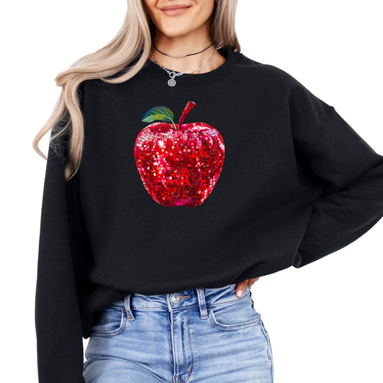 Red disco apple faux glitter sweatshirt for women and teachers, black sweatshirt, front view