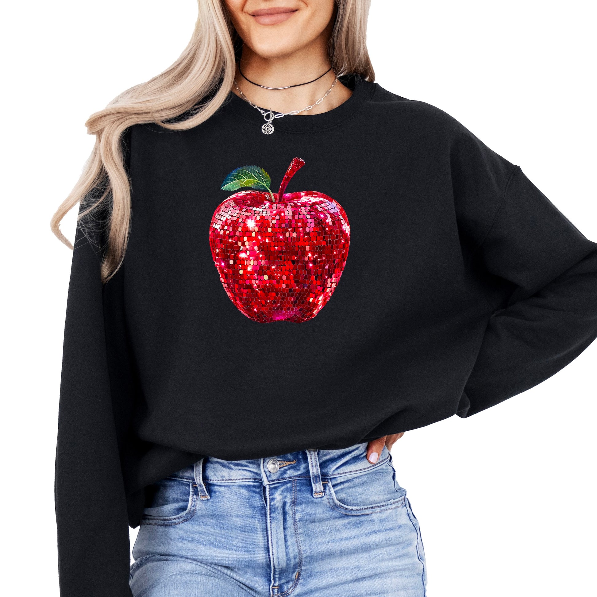 Red disco apple faux glitter sweatshirt for women and teachers, black sweatshirt, front view