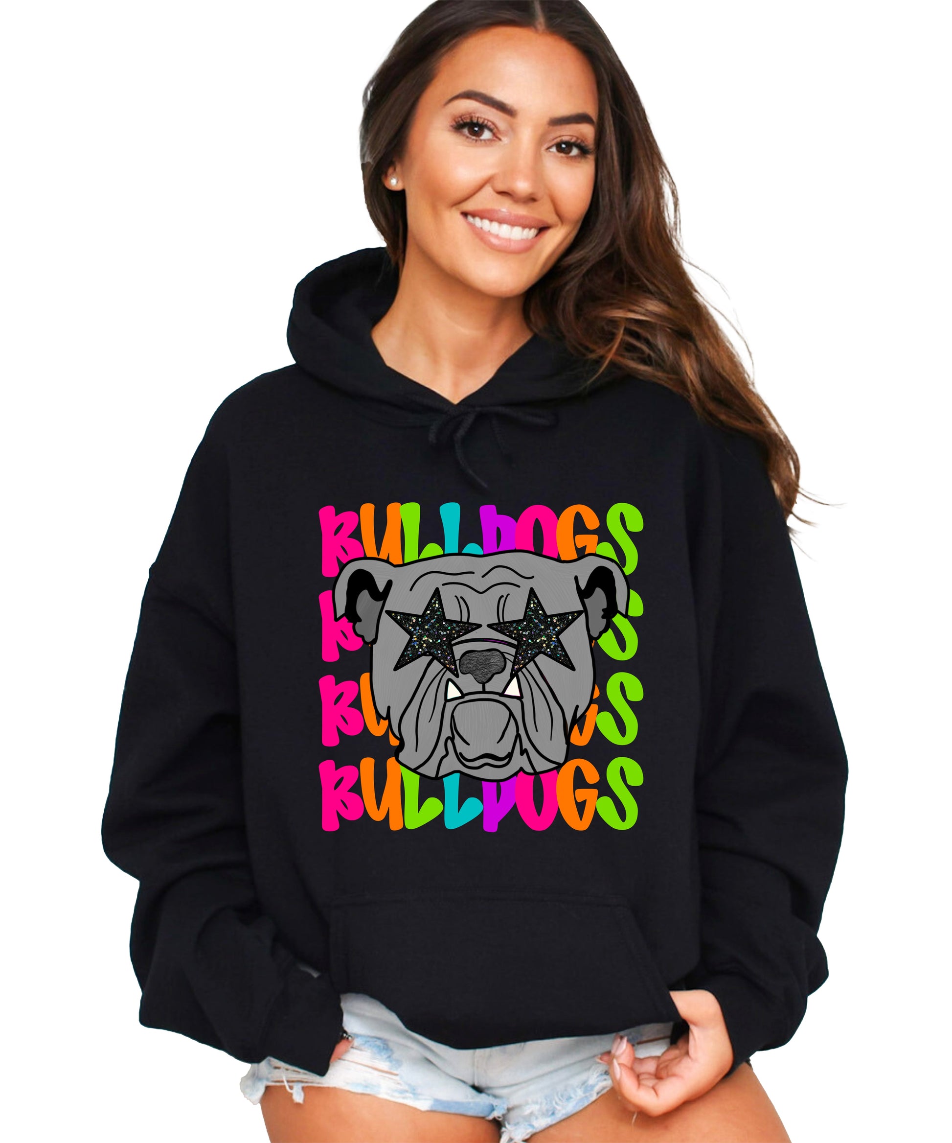 Bulldogs neon rainbow mascot hoodie in Black - front view