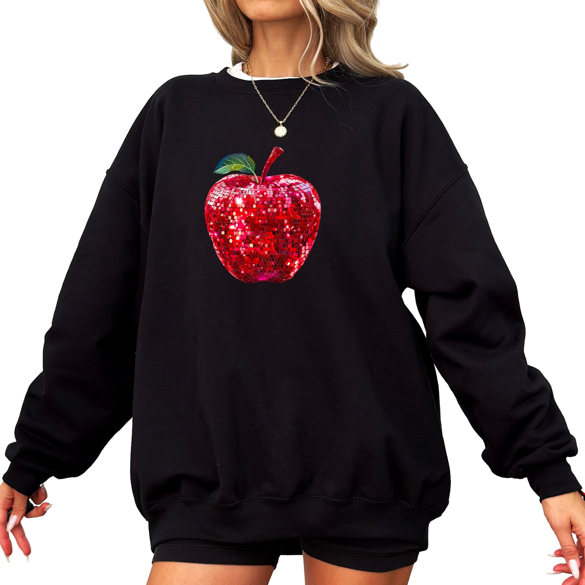 Red disco apple glitter sweatshirt, black sweatshirt, design close up