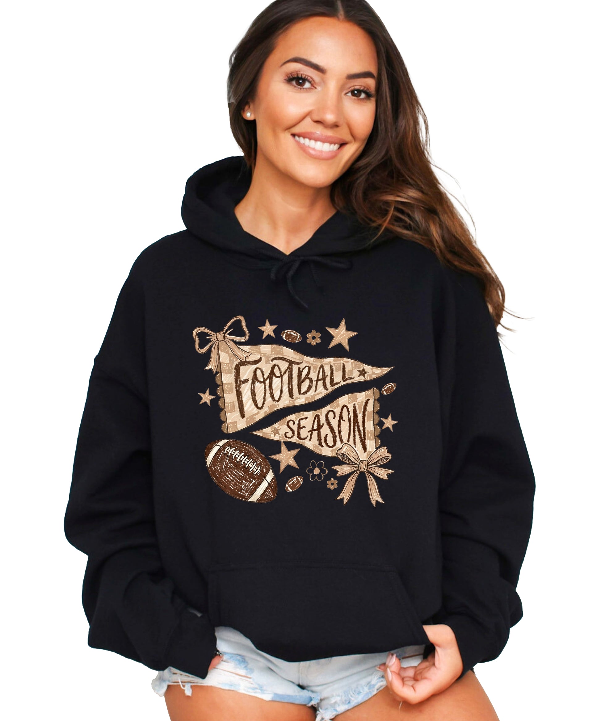 Football Season Coquette Bow Pennant Game Day Hoodie for Women - Black - view 2