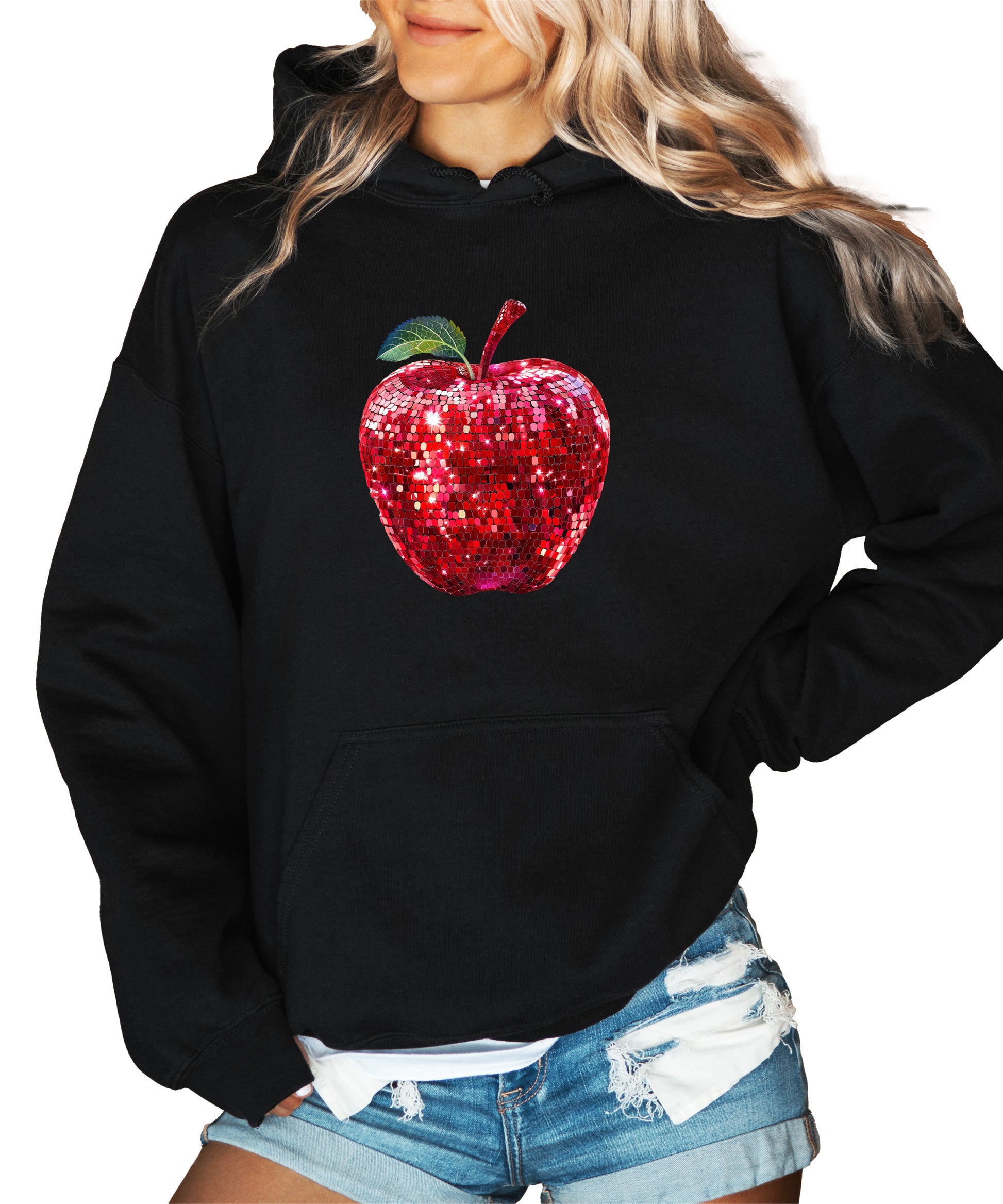 Black glitter apple teacher hoodie view 2