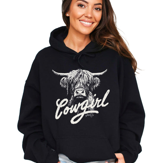 Cowgirl Highland Cow Hoodie - Black Hoodie - Olive Loves Apple