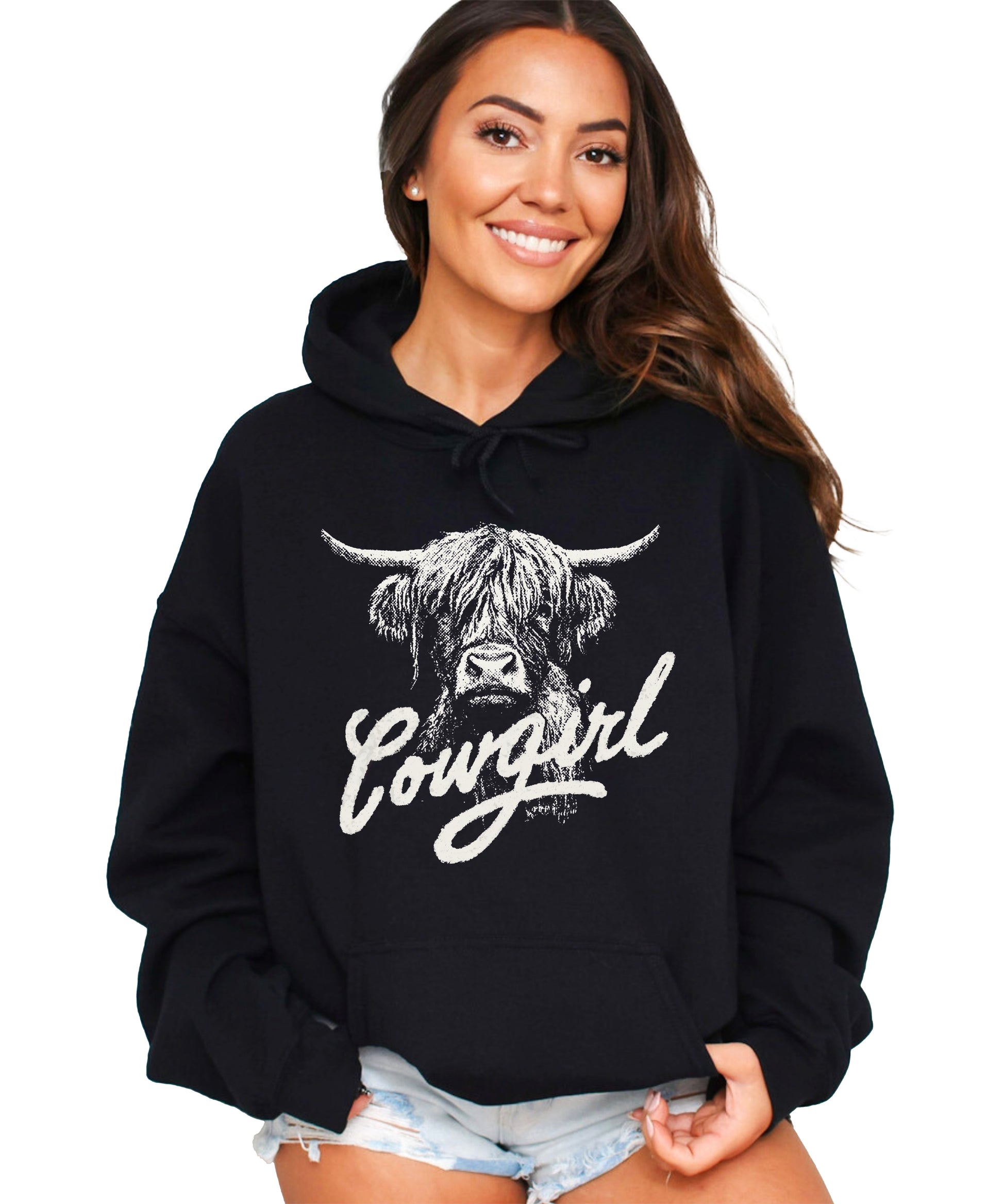 Cowgirl Highland Cow Hoodie - Black Hoodie - Olive Loves Apple
