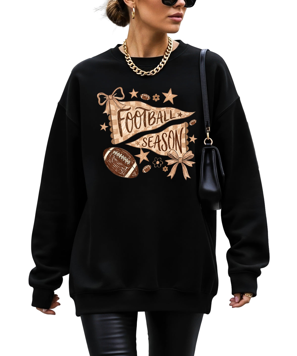 Football Season Coquette Bow Pennant Game Day Crewneck Sweatshirt - Black Sweatshirt view 2