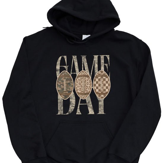 Black Game Day football hoodie, styled view