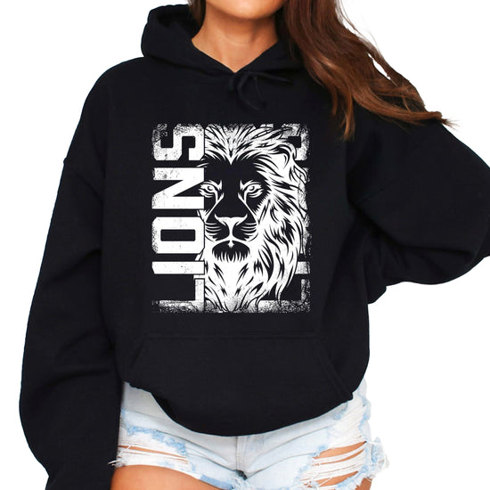 Lions School Spirit hoodie in Black - distressed lion mascot game day pullover sweatshirt, view 2