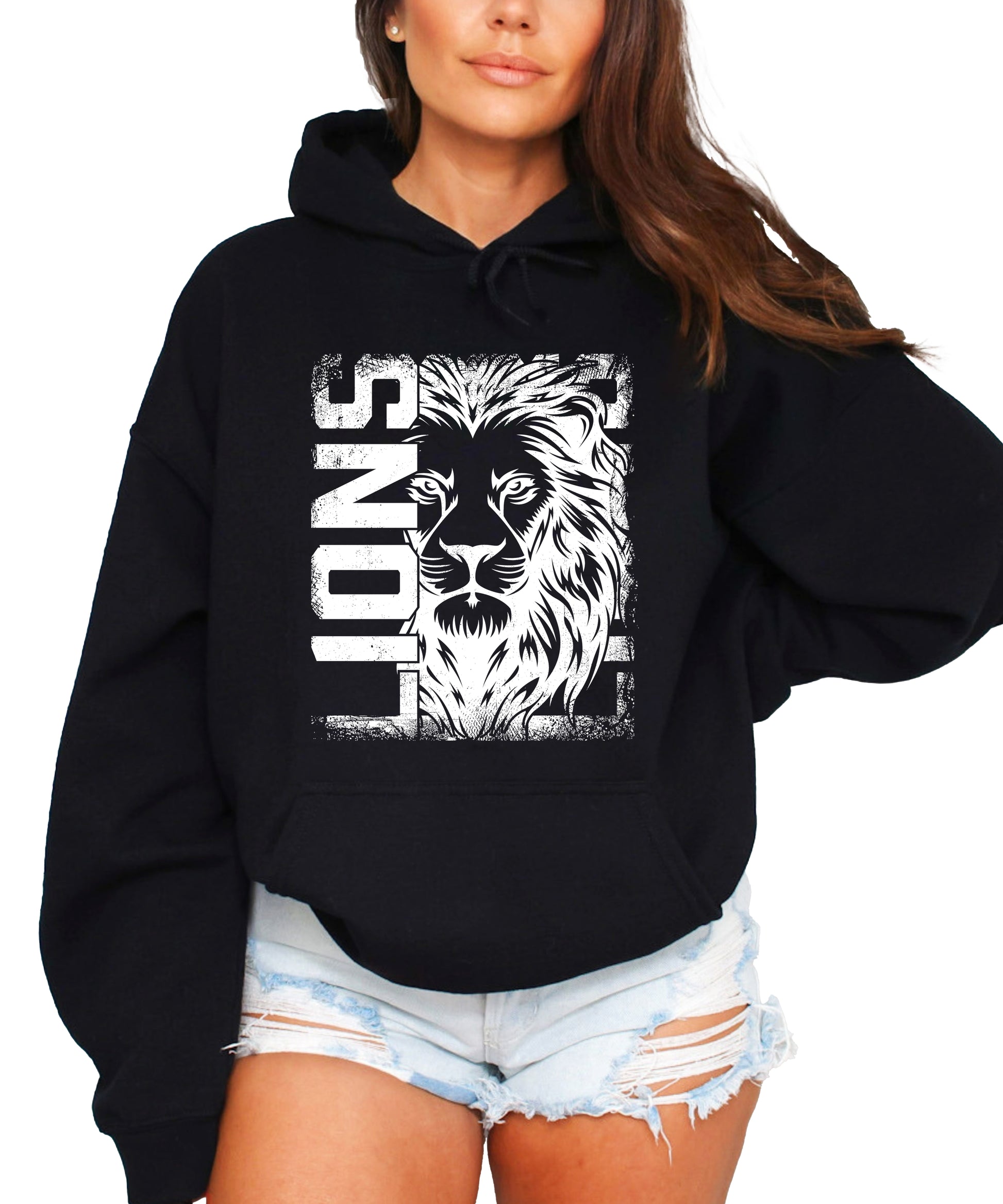 Lions School Spirit hoodie in Black - distressed lion mascot game day pullover sweatshirt, view 2