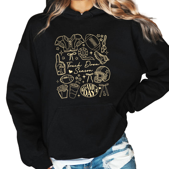Black Touch Down Season football hoodie game day collage detail