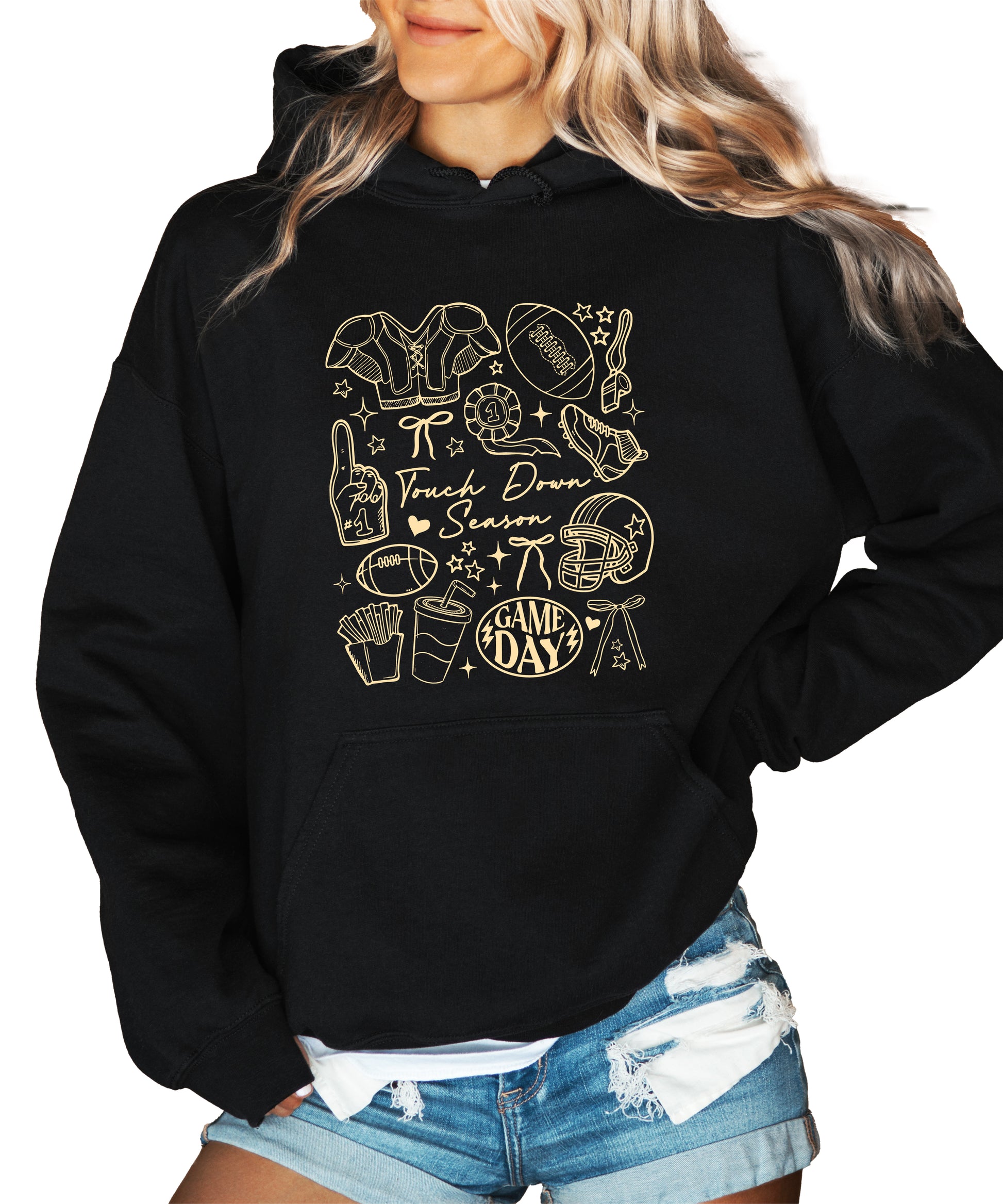 Black Touch Down Season football hoodie game day collage detail