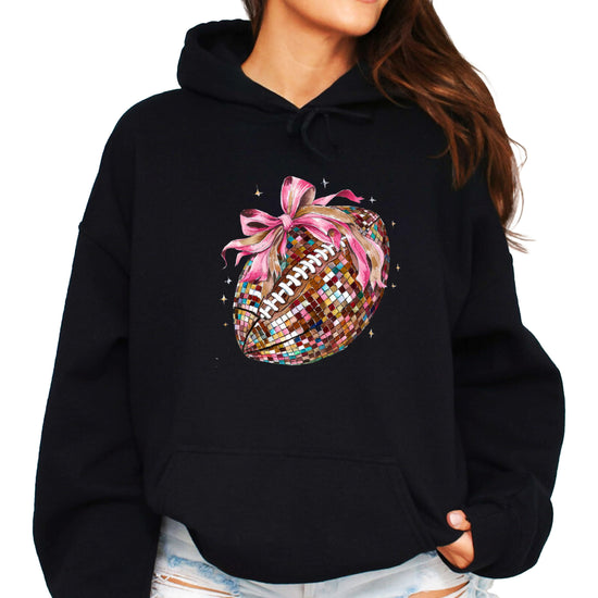 Disco Ball Football Coquette Bow Hoodie for Women, Black Hoodie, view 2
