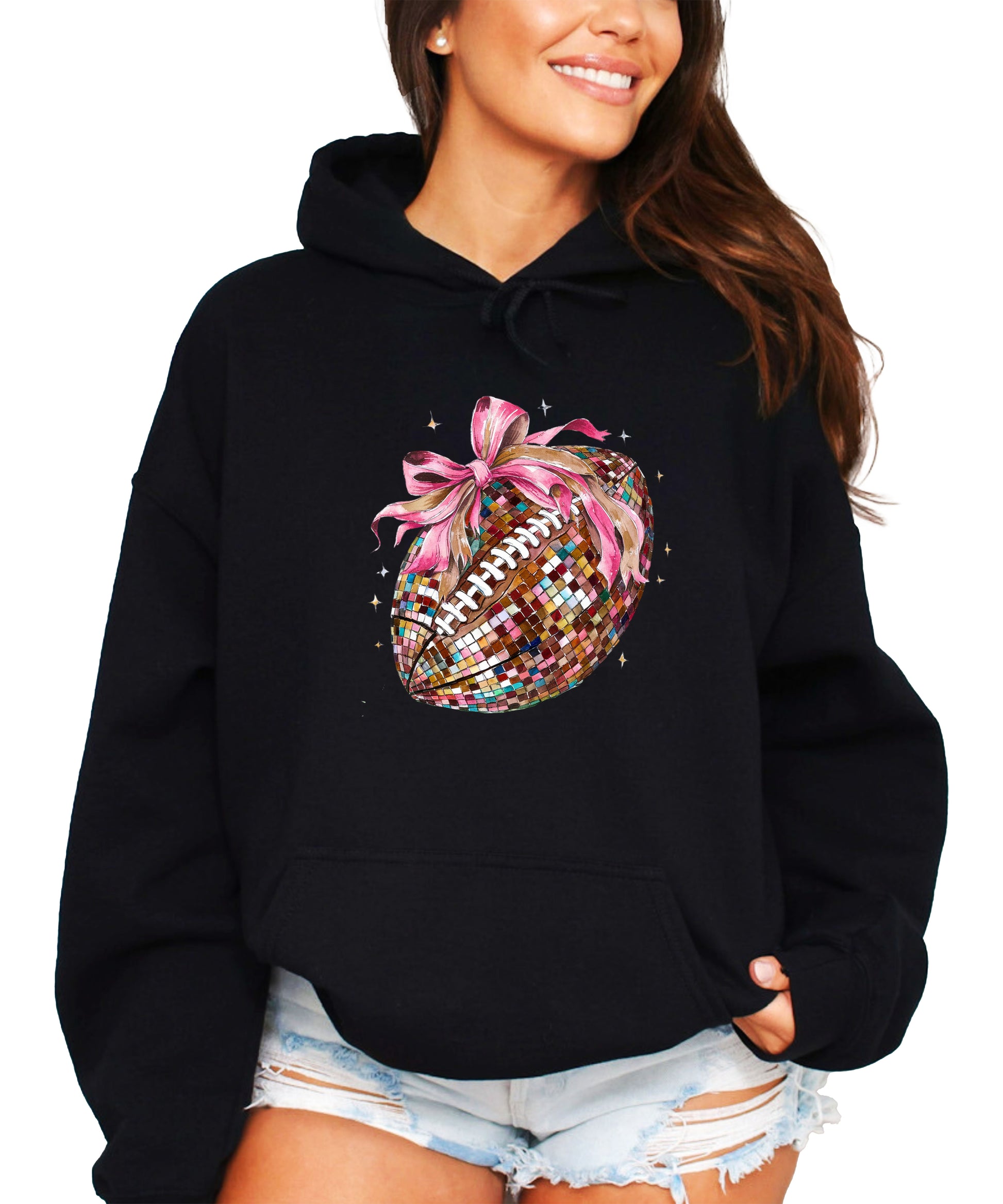 Disco Ball Football Coquette Bow Hoodie for Women, Black Hoodie, view 2