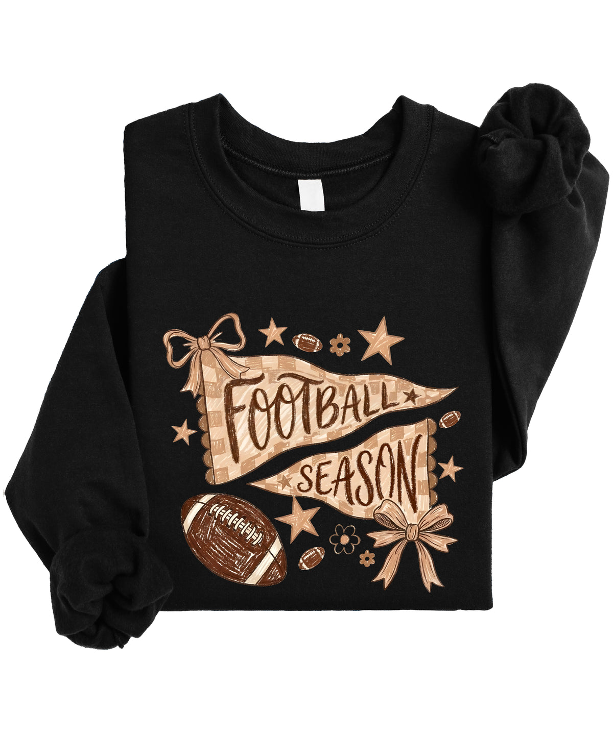 Football Season Coquette Bow Pennant Game Day Crewneck Sweatshirt - Black Sweatshirt view 3