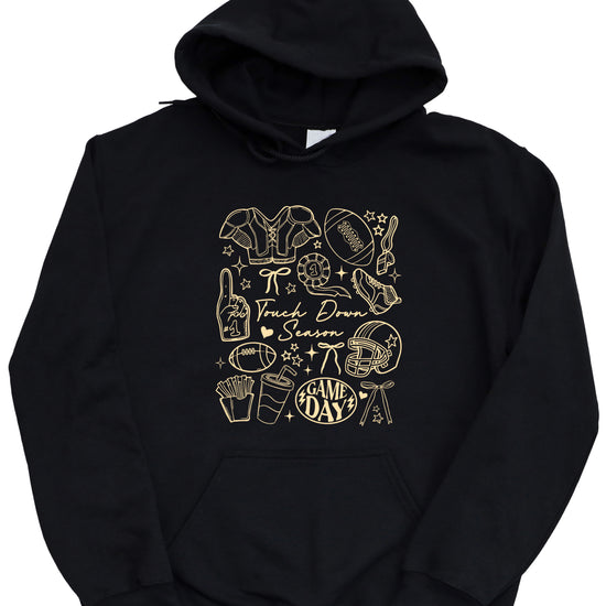 Black Touch Down Season football hoodie styled on model