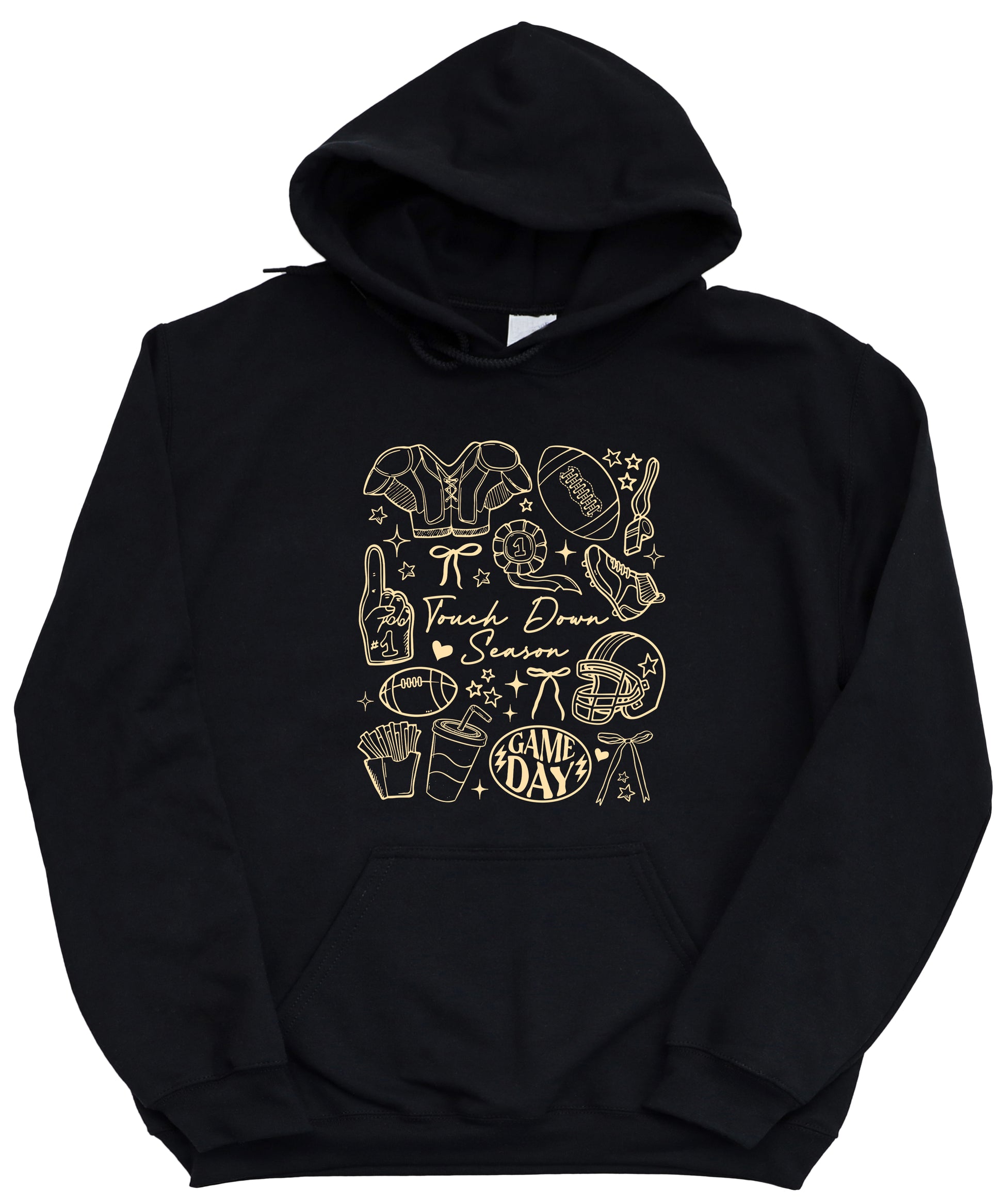 Black Touch Down Season football hoodie styled on model