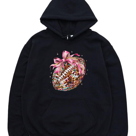 Disco Ball Football Coquette Bow Hoodie for Women, Black Hoodie, view 3