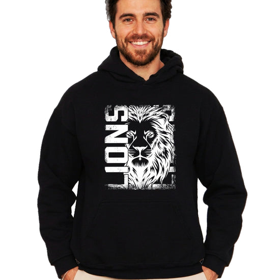 Lions School Spirit hoodie in Black - distressed lion mascot game day pullover sweatshirt, view 3