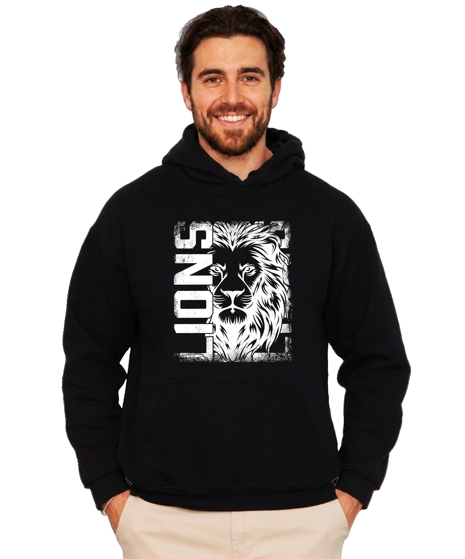 Lions School Spirit hoodie in Black - distressed lion mascot game day pullover sweatshirt, view 3