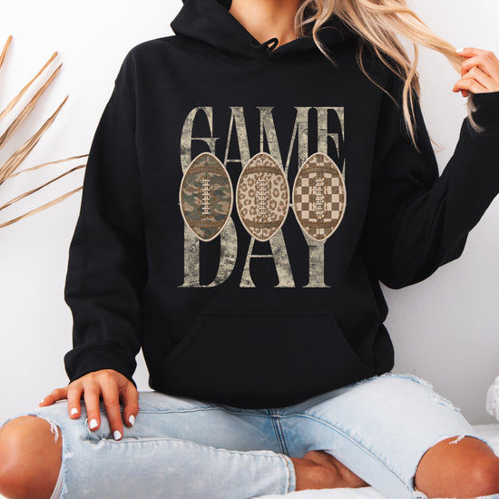 Black Game Day football hoodie, detail view