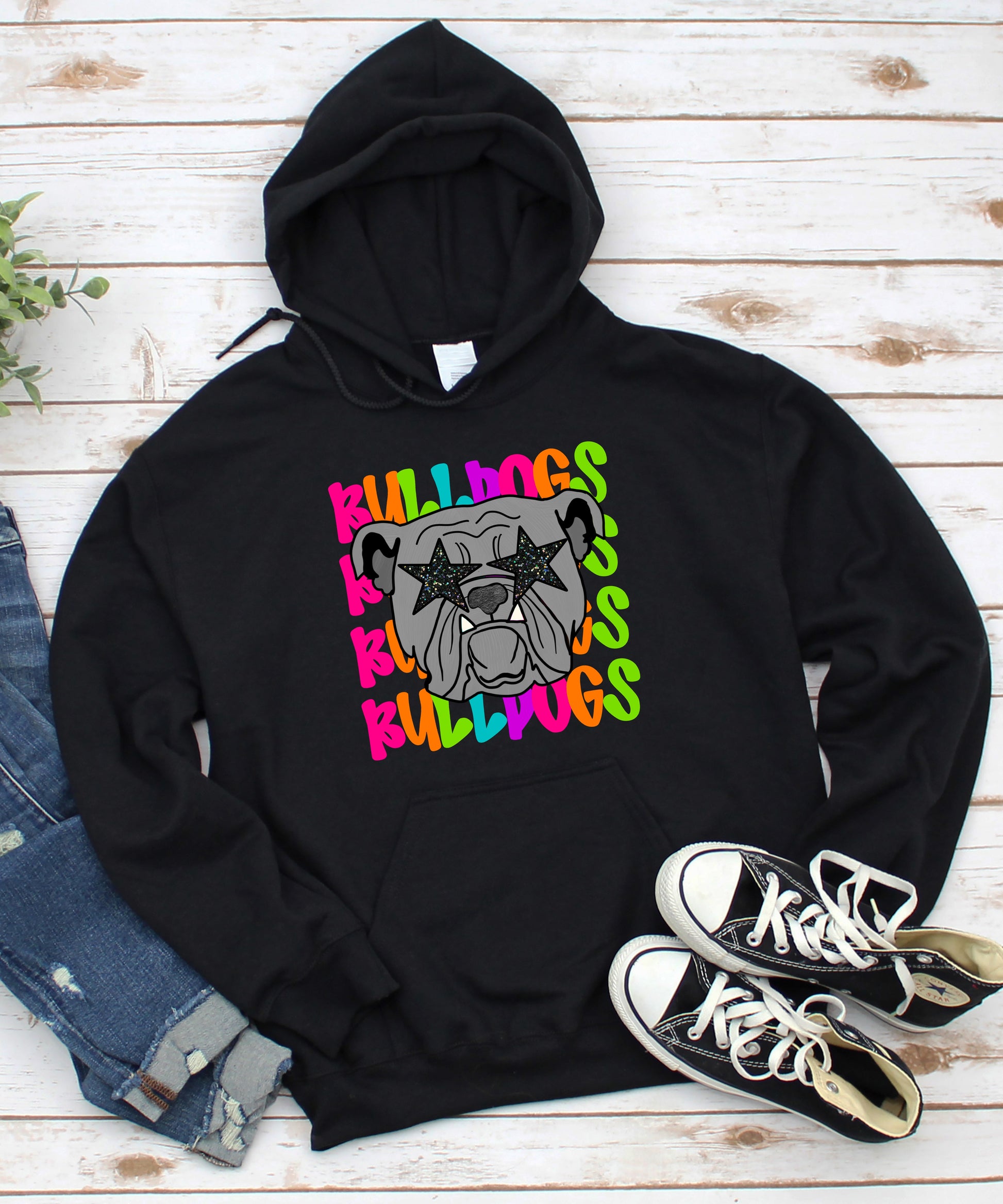 Bulldogs neon rainbow mascot hoodie in Black - view 3