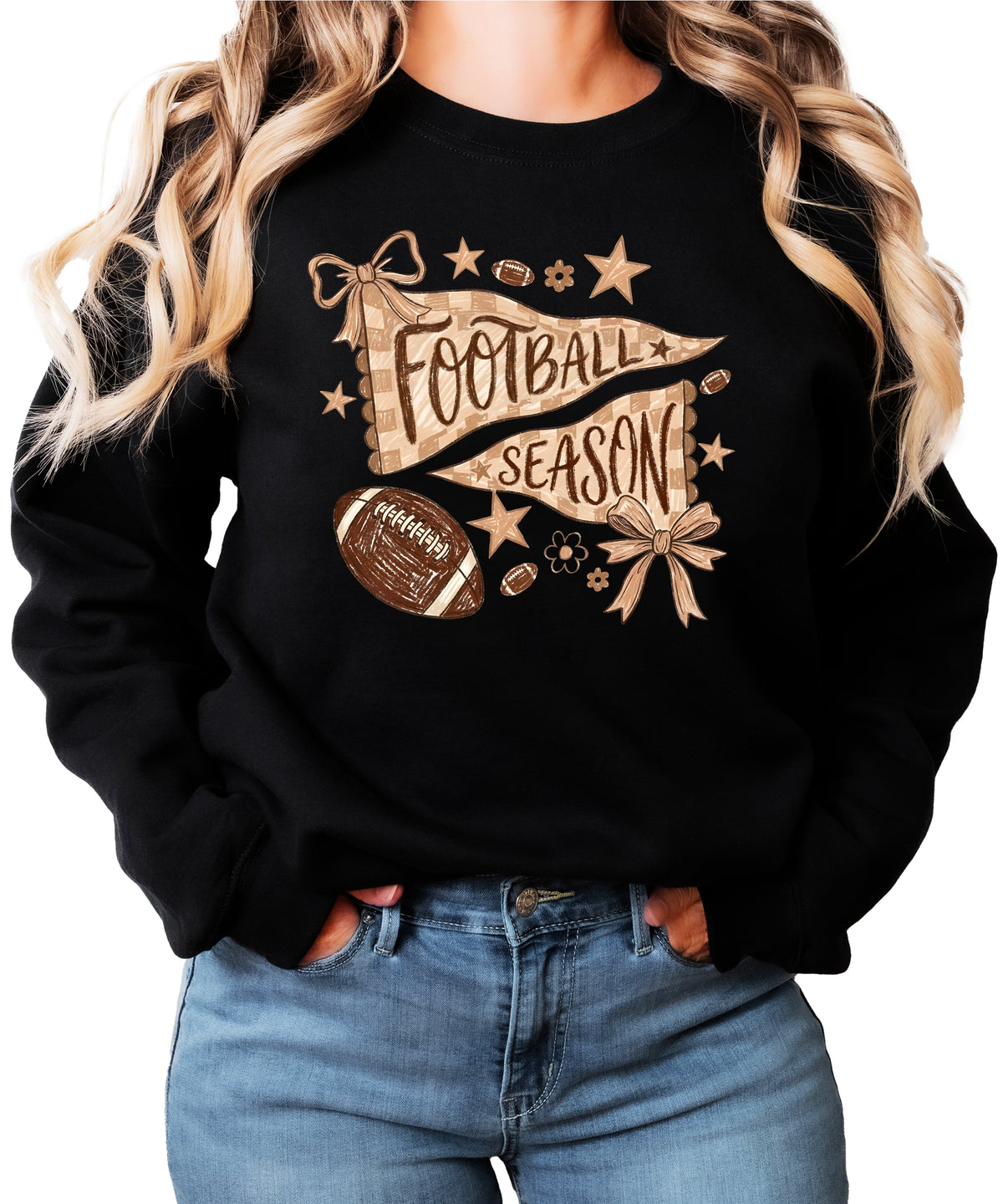 Football Season Coquette Bow Pennant Game Day Crewneck Sweatshirt - Black Sweatshirt view 4