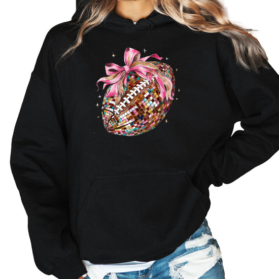 Disco Ball Football Coquette Bow Hoodie for Women, Black Hoodie, view 4