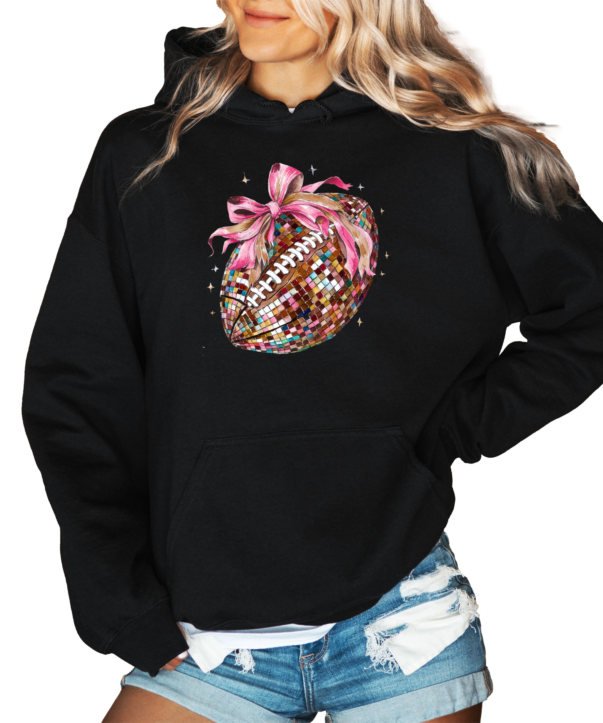 Disco Ball Football Coquette Bow Hoodie for Women, Black Hoodie, view 4