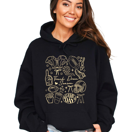 Black Touch Down Season football hoodie lifestyle shot
