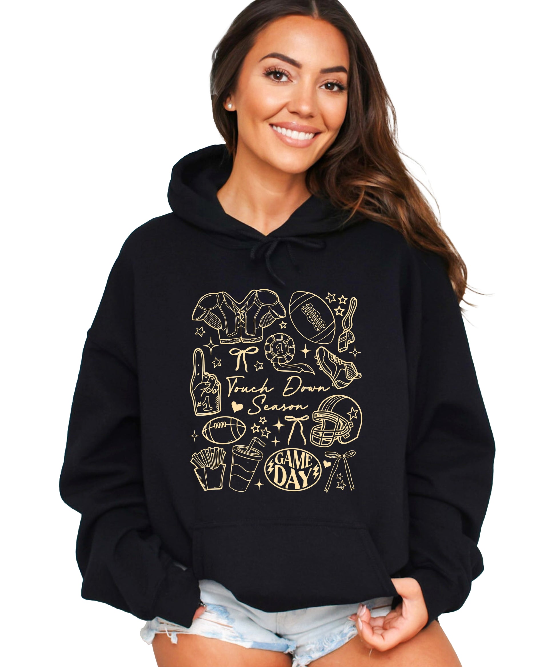 Black Touch Down Season football hoodie lifestyle shot
