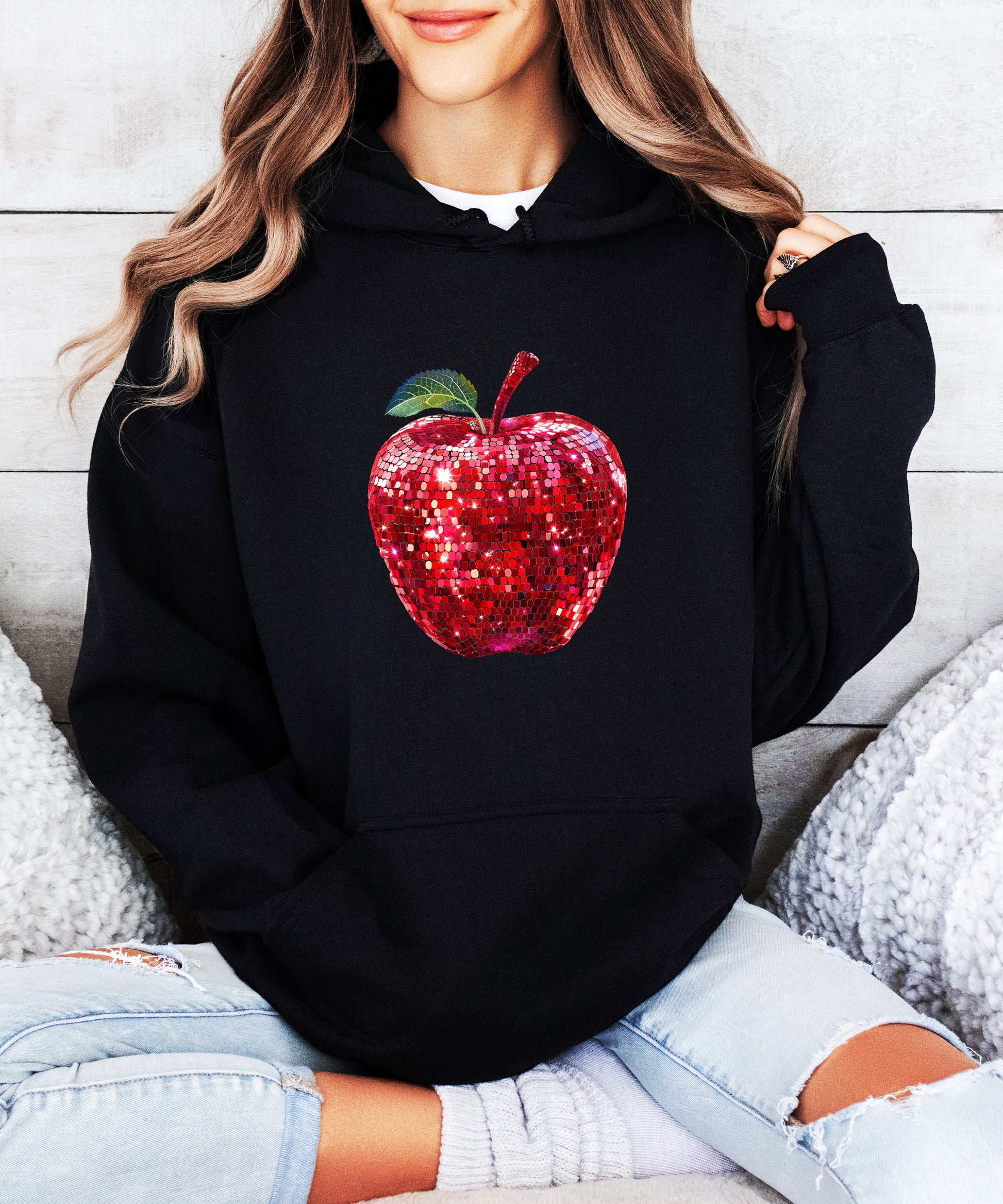 Black glitter apple teacher hoodie view 4