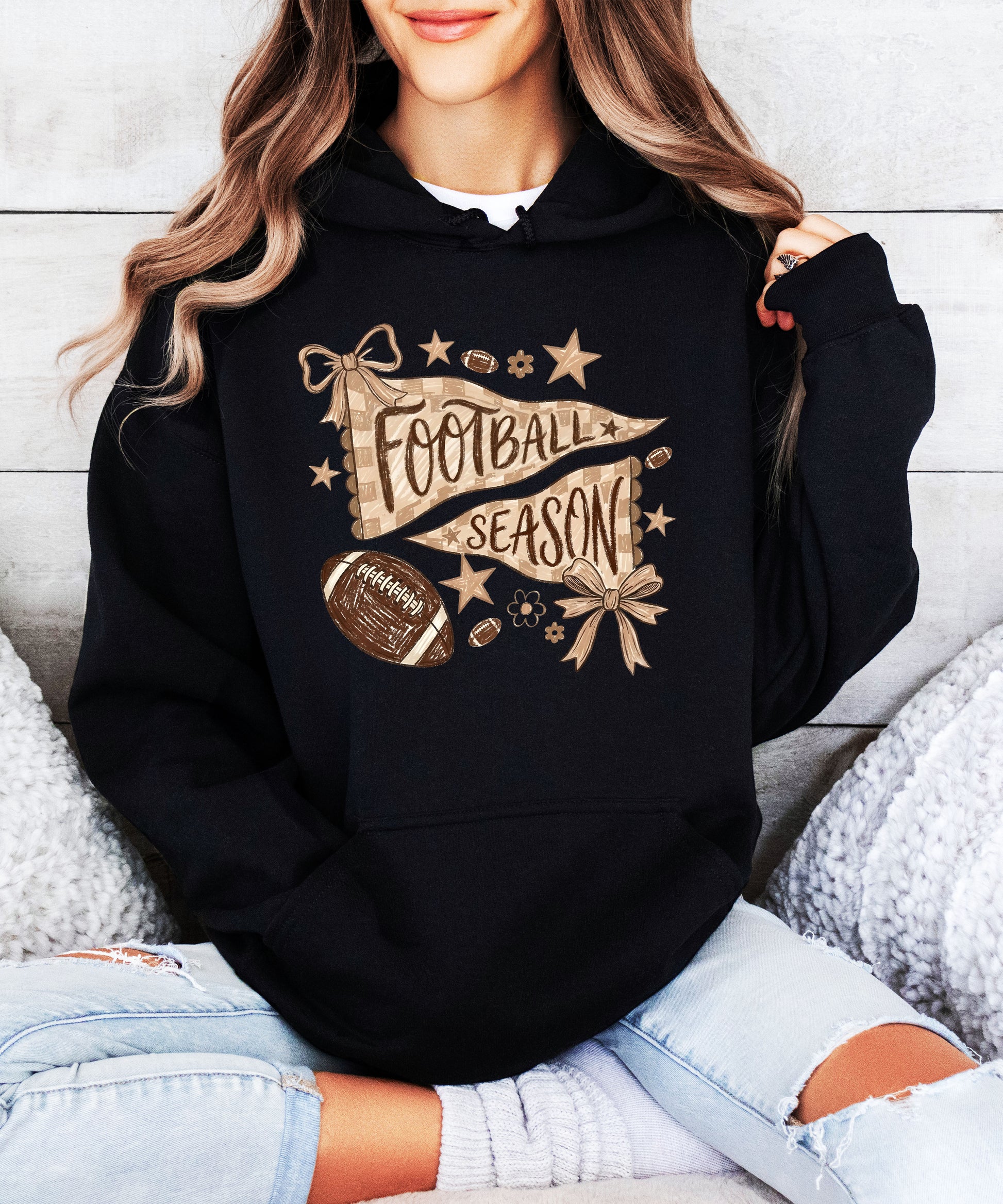 Football Season Coquette Bow Pennant Game Day Hoodie for Women - Black - view 4