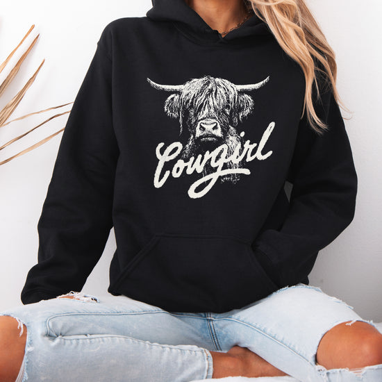 Cowgirl Highland Cow Hoodie - Black Hoodie - Olive Loves Apple