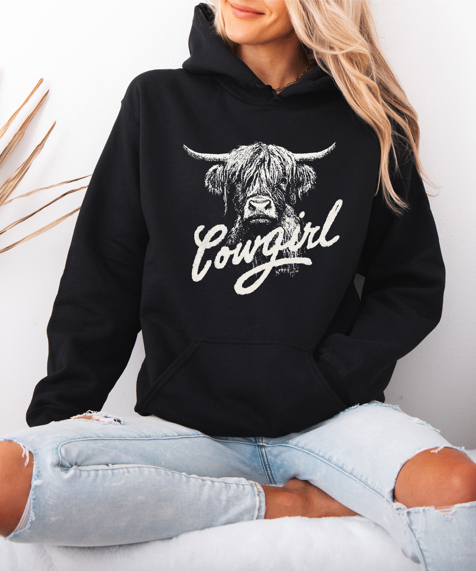 Cowgirl Highland Cow Hoodie - Black Hoodie - Olive Loves Apple
