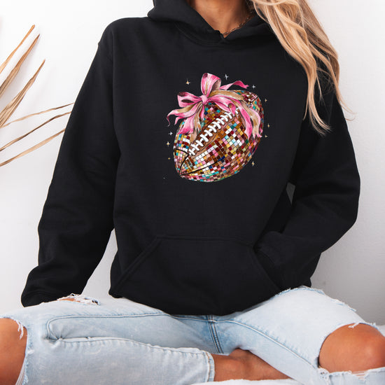 Disco Ball Football Coquette Bow Hoodie for Women, Black Hoodie, view 5