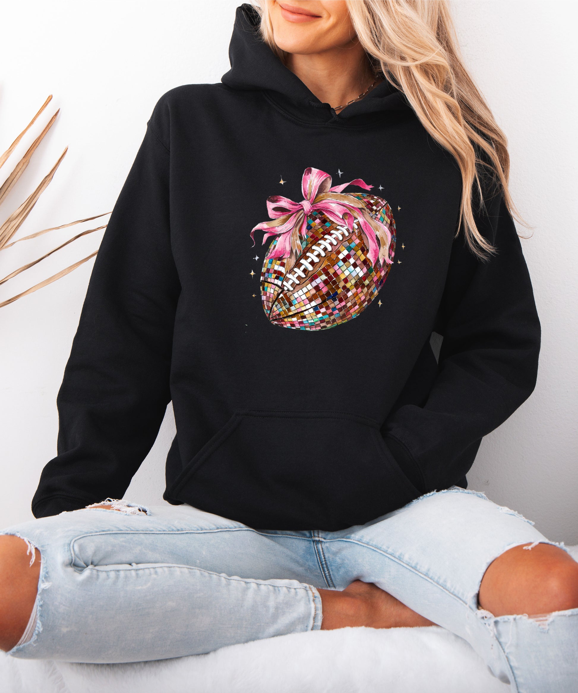 Disco Ball Football Coquette Bow Hoodie for Women, Black Hoodie, view 5