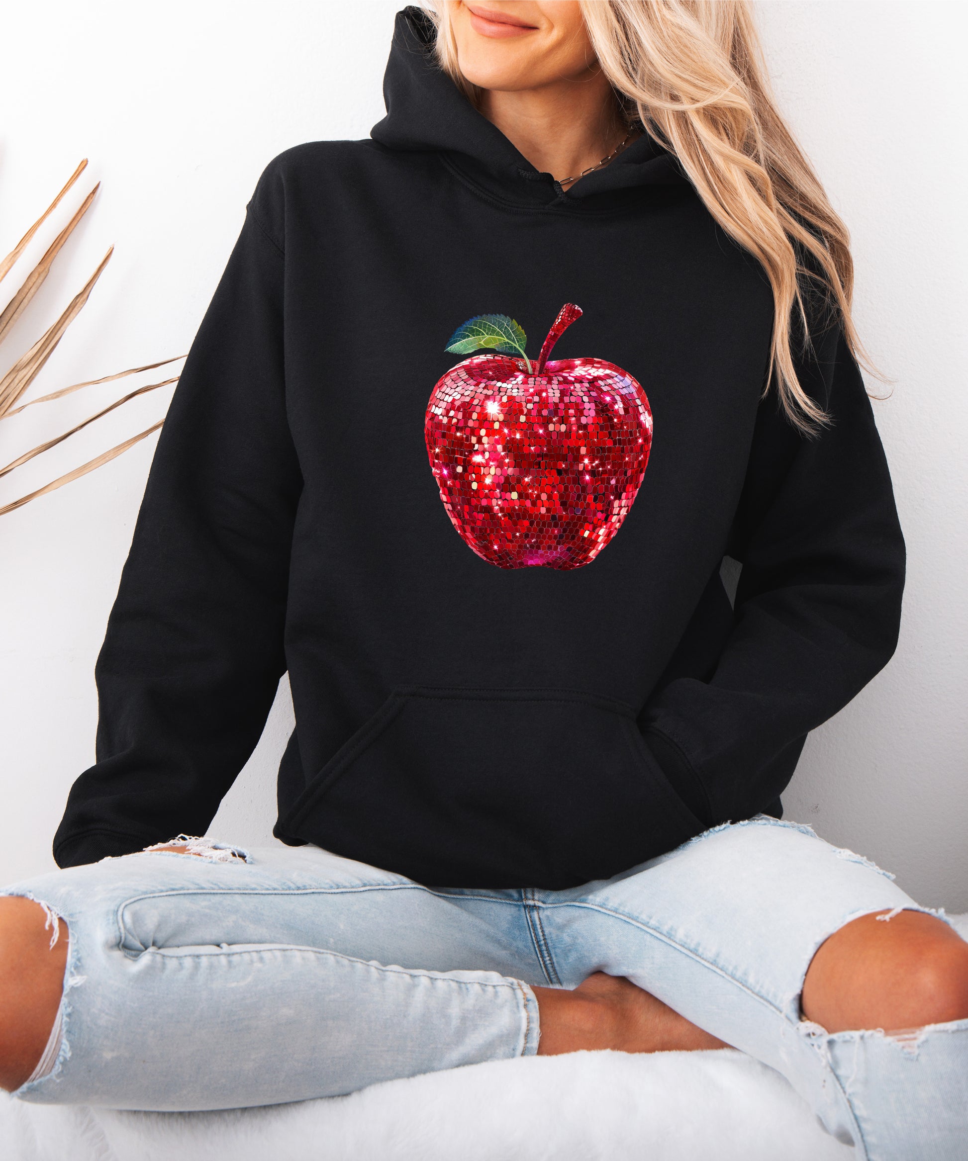 Black glitter apple teacher hoodie view 5