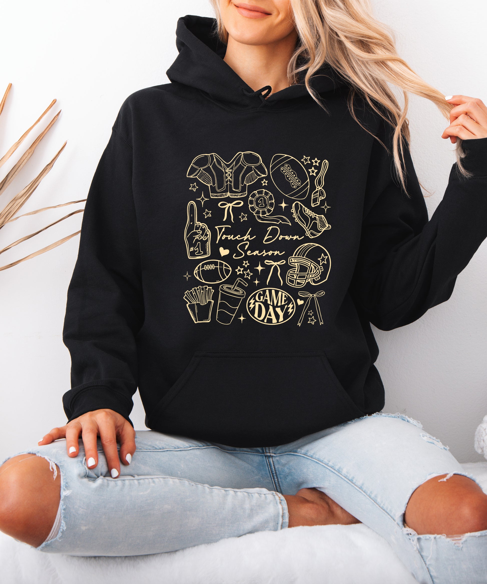 Black Touch Down Season football hoodie close up print