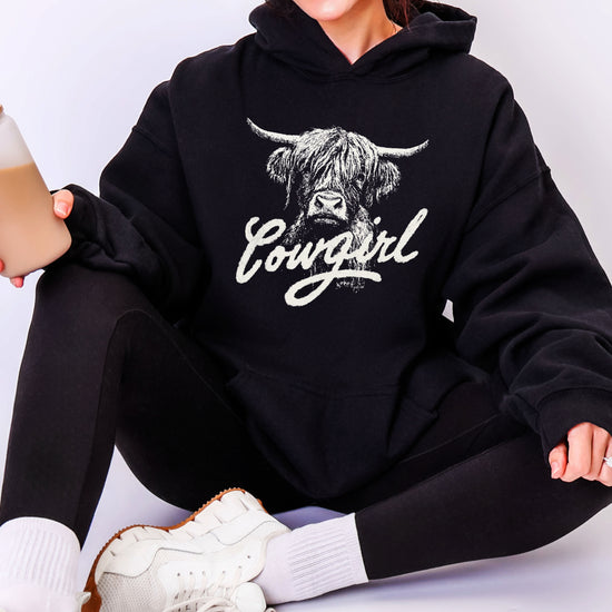 Cowgirl Highland Cow Hoodie - Black Hoodie - Olive Loves Apple