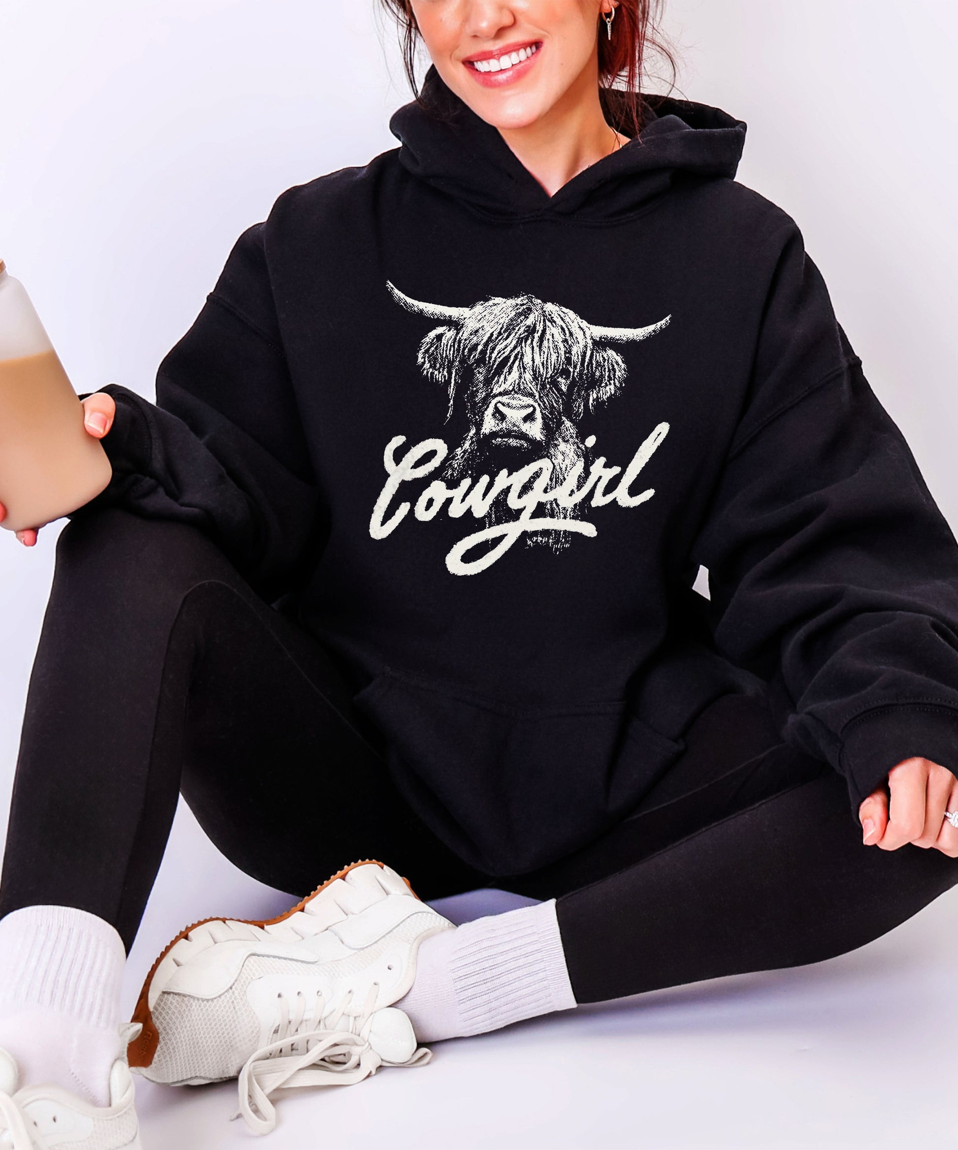 Cowgirl Highland Cow Hoodie - Black Hoodie - Olive Loves Apple
